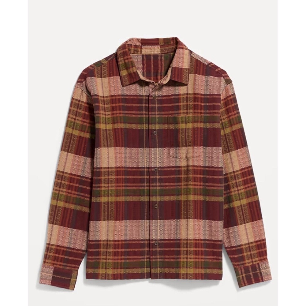Old Navy Shirt Men Loose Fit Textured Burgundy Plaid Preppy Holiday Size XXL NWT